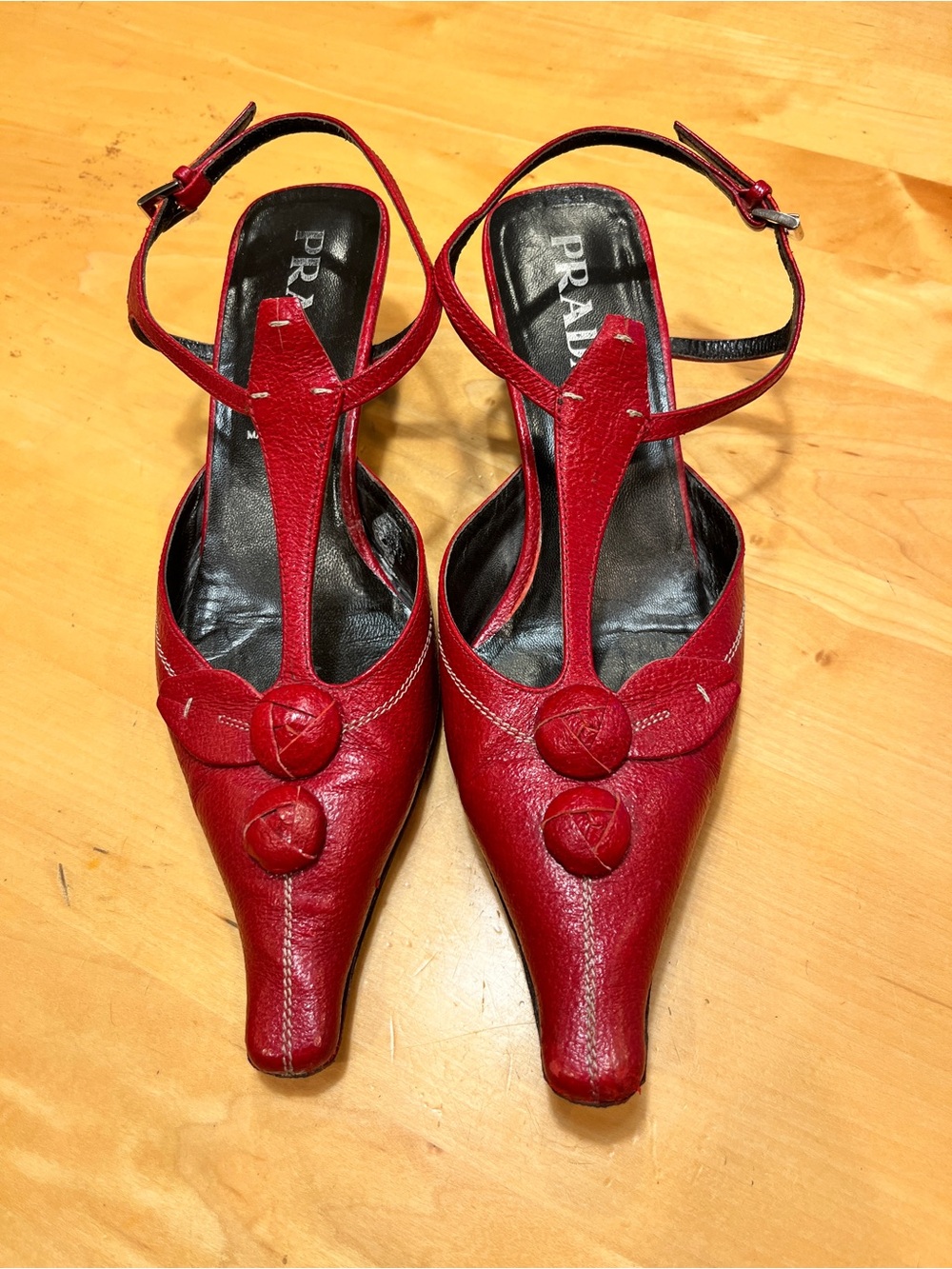 Prada Red Leather T-Strap Pointed Toe Heels with Button Detail
